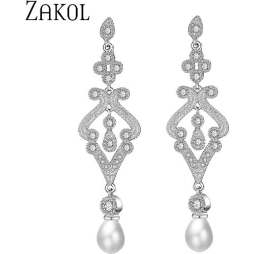 ZAKOL Design Vintage Palace Style Oval Imitation Pearl White Color CZ Zirconia Bridal Long Dangle Earrings Jewelry FSEP215
