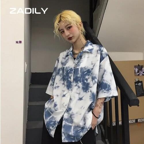 ZADILY Y2K Street Style Short Sleeve Women Shirt Blouse Oversize Tie Dye Button Up Ladies Shirt 2021 Summer Punk Female Tops
