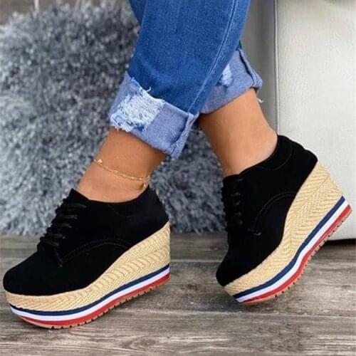2021Vulcanize Shoes Women Sneakers Ladies Solid Color Wedge Thick Shoes Round Toe Lace-Up Comfortable Platform Sneakers 2021 Fas