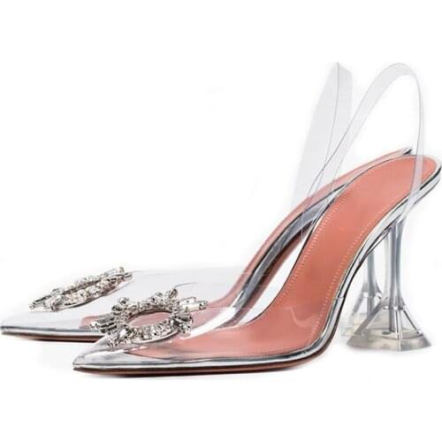 Women Pointed Toe Crystal Rhinestones Bling Clear Transparent Stilettos High Heel Slingbacks Ankle Buckle Jelly Shoes Pumps B57