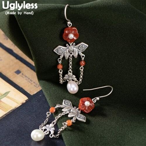 Uglyless Eastern Beauty Vintage Ethnic Thai Silver Butterfly Earrings for Women Agate Pearls Earrings 925 Silver Flowers Jewelry