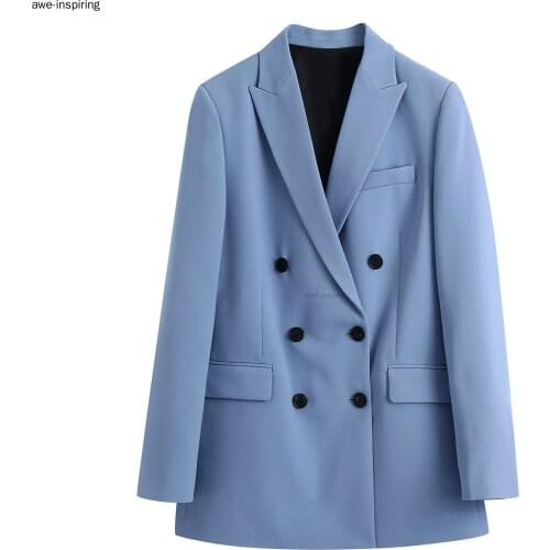 Women Fashion Double Breasted Loose Fitting Blazer Office Coat Vintage Long Sleeve Pockets Female Outerwear Chic Veste Femme
