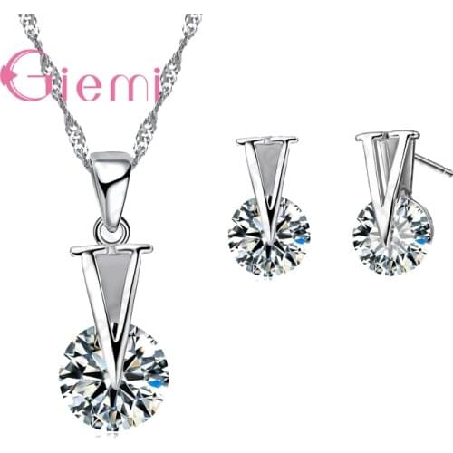 100% Pure Simple 925 Sterling Silver Super Shining Cubic Chain Necklace Stud Earring Set Wholesale For Women Girls Wedding