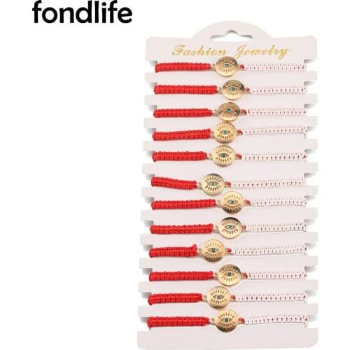 Zinc Alloy Round Evil Eye Discs Eyelash Charm Braid Bracelet Women Half Red White String Macrame 12pcs Wholesale Simple Jewelry