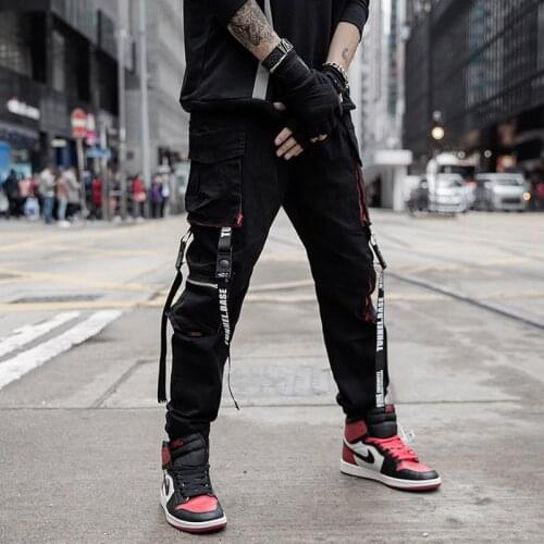 Black Cargo Pants Men Japanese Streetwear Jogger Harajuku Fashion Hip Hop Loose Trousers Male Ribbons Casual Sport Clothing
