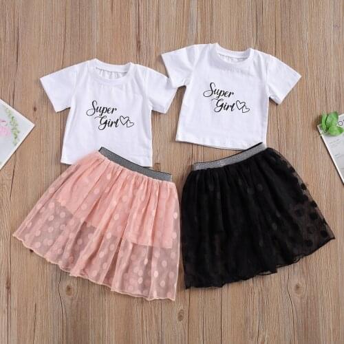 Girls Casual Two-piece Clothes Set, White Letters Printed Pattern Short Sleeve Tops + Red/ Black Skirt 1-5T 2021 New
