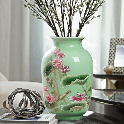 Jingdezhen Porcelain Vase ornament, living room flower arrangement, dry flower, antique lotus pattern,light green glaze vases