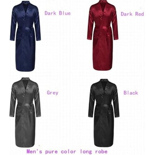 Mens solid color thin robe cardigan gown silk cloth nightgown loose large size long sleeve bathrobe men