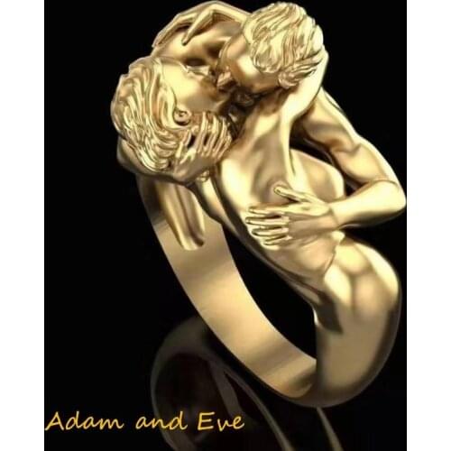 Personality Gold Color Adam&Eve Kiss Ring Wedding Band Cocktail Party Men Women Engagement Ring Sex Lovers Ring Jewelry Gifts