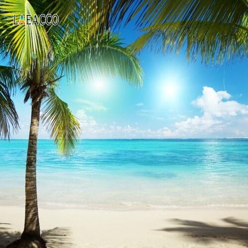 Laeacco Summer Sea Party Photography Backdrops Blue Sky Clouds Palms Tree Beach Tropical Photocall Backgrounds For Photo Studio