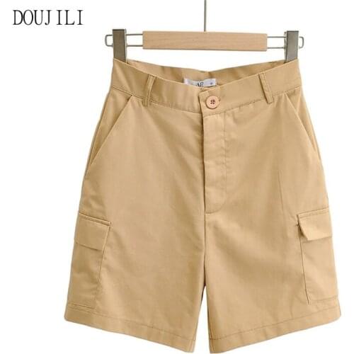 DOUJILI Summer Casual Shorts Solid Color High Waist Pocket Loose Short Trousers Shorts For Women Sweetwear