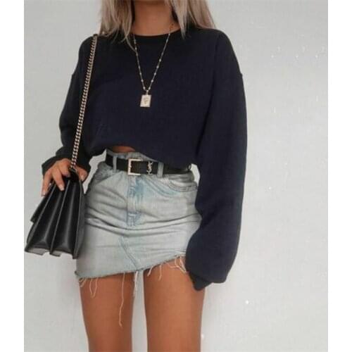 Fashion Womens Long Sleeve Top Round Neck Cotton Solid Color Pullover Ladies Crop Top Sweatshirt Tee Tops 2019 New