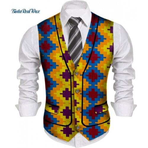 Custom Mens African Shirt Clothing Bazin Riche Patchwork Print Top Vest 100% Cotton Dashiki Traditional African Clothing WYN1208