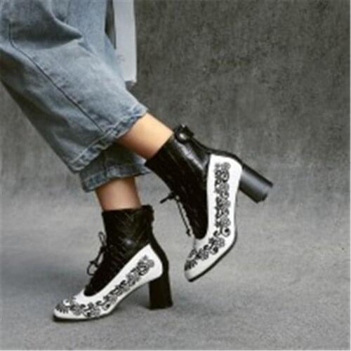 Wholesale Leather Cowboy Ankle Boots for Women Wedge High Heel Boots chunky Martin boots stone Print Western Boots