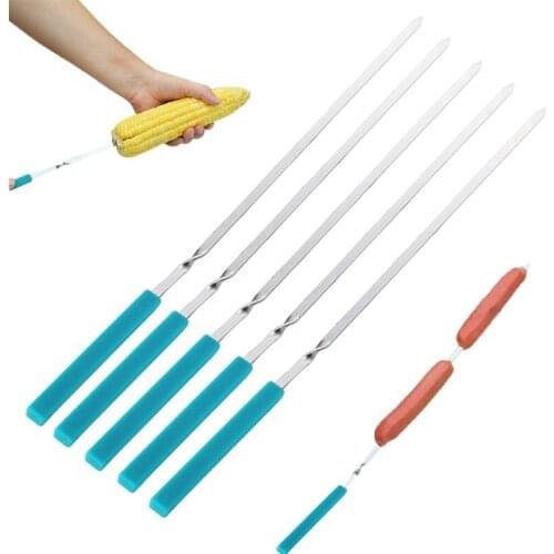 Meat Prod Sticks Skewer Silicone Handle Forks Long Grill Stainless Steel BBQ Skewer Barbecue Outdoor Camping Tools 40cm 5pcs/set