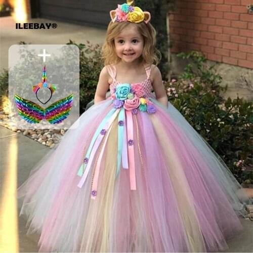 ILEEBAY Girls Pastel Unicorn Flower Tutu Ribbons Children Party Costume Dress Dress Kids Crochet Tulle Strap Dress Ball Gown wit