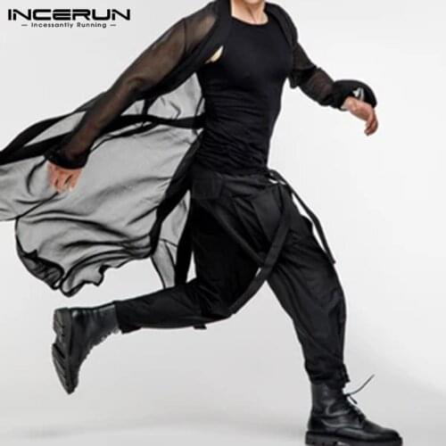 INCERUN Fashion Mesh Men Shirt Sexy Open Stitch Cardigan Streetwear Transparent Casual Long Sleeve Men Long Style Tops Cloak 5XL
