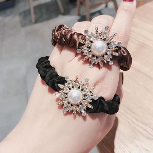 Sun Flower Pearl Hair Accessories Elastic Hair Bands Hair Ropes Water Drop Rhinestone Satin Sun Hair Ties Rubber Bands Wholesale