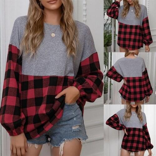 Spring and Autumn Plaid Stitching Casual Round Neck Long-Sleeved T-Shirt O-Neck Loose Fashion Top