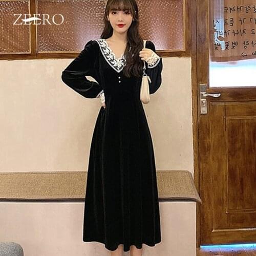 Spring Autumn Women Velvet Splicing Lace Beading Midi Dress Woman V-Neck Long Sleeve High Waist Big Swing A-Line Dresses L-4XL
