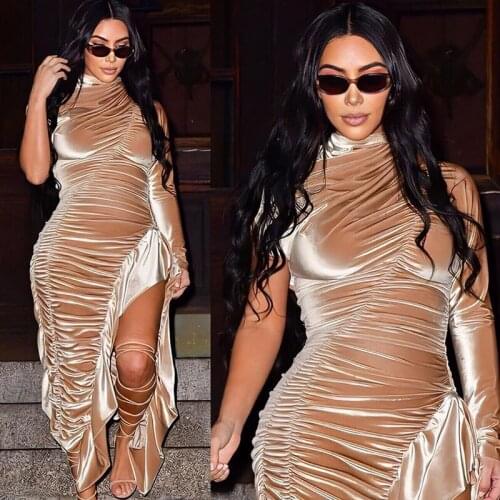 Velvet Solid Sexy High Split Ruffles Women Party Dress Long Vestidos Casual Slim Long Sleeve Femme Nightclub Robe 2021 S2054