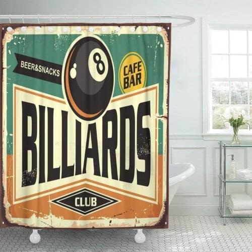 Retro Billiards Sign Black Eight Ball on Green Club Shower Curtain Waterproof Polyester Fabric 60 x 72 Inches with Hooks