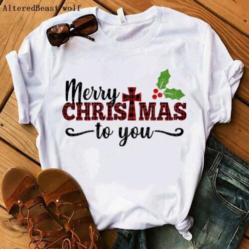 Merry christmas to you tshirt women plaid letter print christmas T Shirt female harajuku tops women white vogue o-neck clothes