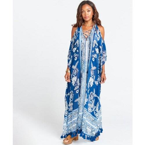 Womens Swimwear 2021 Chiffon Printed Beach Blouse Small Fringe Sexy Off-the-shoulder Robe Bikini Blouse Womens Bathing Suits