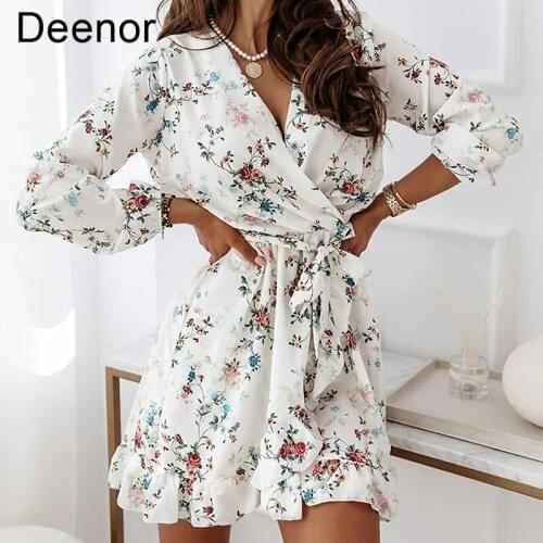 Deenor Women Dress Fashion V-neck Long Sleeve Irregular Ruffle Print Dress Sexy Mini Dress 2021 Autumn High Waist Ladies Dress