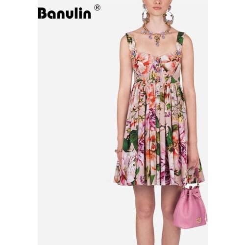 Banulin Summer Runway Dress Women Elegant Multicolor Floral Print Button Spaghetti Strap Draped Vintage Ladies Mini Dress