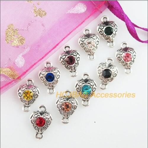 20 New Heart Charms Tibetan Silver Tone Retro Mixed Crystal Connectors 10x15mm
