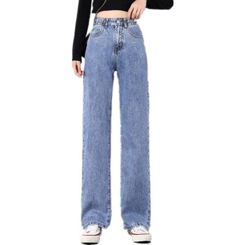 2021 Women Straight Jeans Plus Size High Waisted Denim Pants Wide Leg Vintage Streetwear Full Length Trousers OL