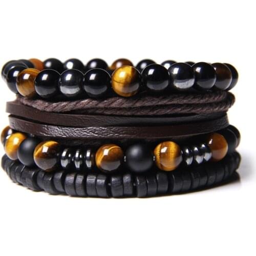 Men Bracelets Set Polished Black Onyx Beads Bracelet Men Jewelry Faceted Natural Hematite Stone Bangle Leather Adjustable Pulsur