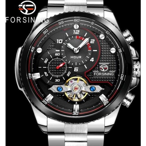 FORSINING Tourbillon Automatic Mechanical Men Wristwatch Military Sport Male Clock Top Brand Luxury Silver Steel Man Watch 8229