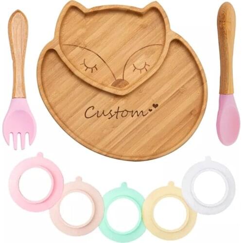 Custom Baby Bamboo Feeding Bowl Spoon Fork Fox Pattern Food Tableware Kids Wooden Training Plate Silicone Suction Cup Removable