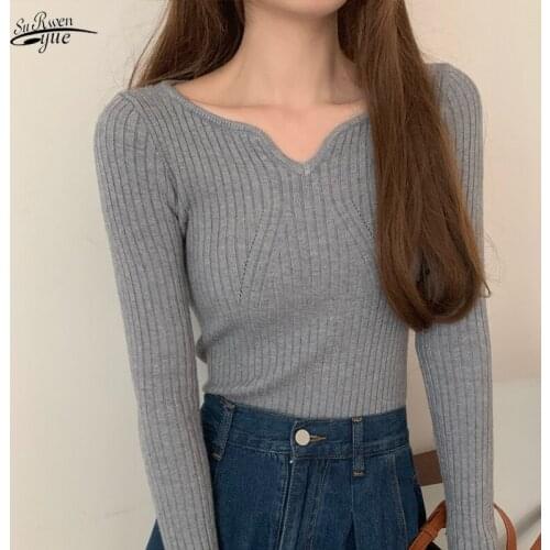Korean Spring and Autumn New Slim V-neck Solid Color Sweater Long-sleeved Bottoming Shirt Top Sweater Female Wild Spot 16177
