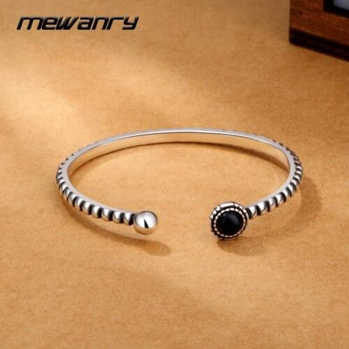 Mewanry 925 Sterling Silver Round Black Agate Twist Vintage Open Bracelet Fashion Holiday Party Jewelry Birthday Gifts for Women