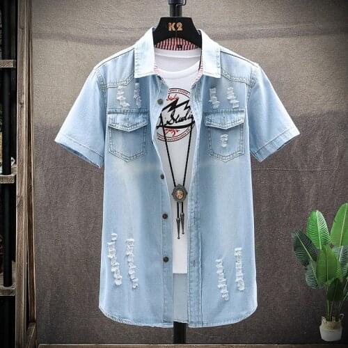 2021 Summer Washing Charm Jeans Shirts Short Sleeve Mens shirt Denim Wear white mens jacket Cowboy Wear Clothes Free shipping