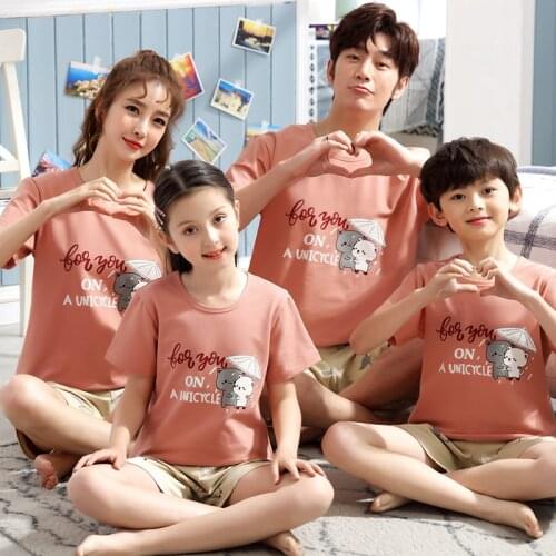 2021 New Cartoon Parent-Child Pajamas For Boys Girls Children Pure Cotton Mother-Daughter Summer Home Wear Tracksuit Kids Suit