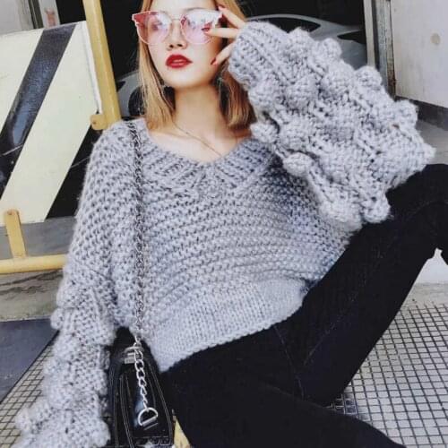 Autumn Winter INS Hand-knitted Balls V-Neck Crocheted Long Lantern Sleeve Pullover Women Sweater Crop Tops 2020 Mujer Sueter