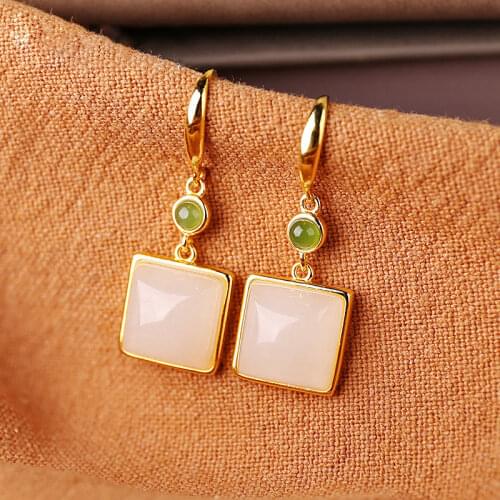Natural Hetian white jade geometric earrings with Chinese classical style, unique ancient gold craft and elegant womens jewelry