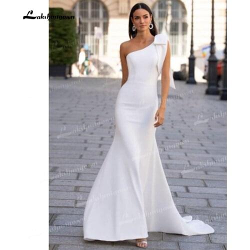Alluring Soft Satin Mermaid Wedding Dresses Bow One-Shoulder Neck Backless Sleeveless Sweep/Brush Train Vintage Bride Gowns 2021