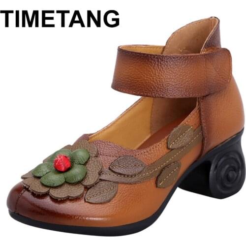 TIMETANG Ethnic Style Womens Shoes Summer Leather Flowers Round Top Non-slip Retro Middle Ages Aged Roman Mother Pumps Gift
