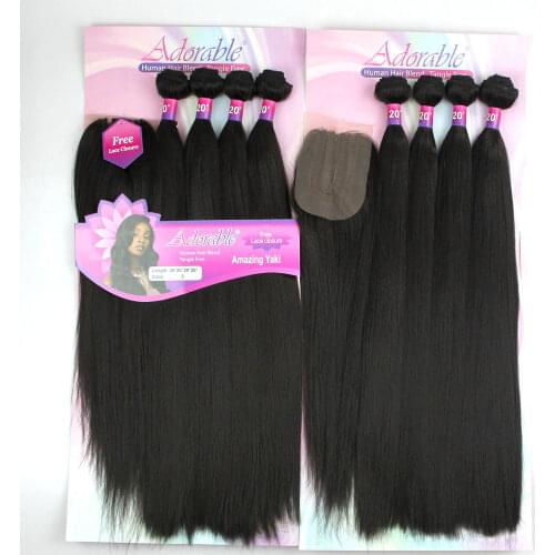 Adorable Yaki Straight Heat Resistant Fiber Natural Color Soft Synthetic Packet Hair With Free Machine Closure Amazing Yaki 4pcs