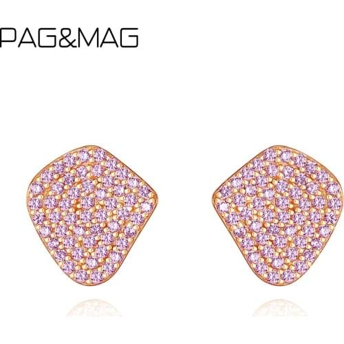 PAG&MAG Genuine 925 Sterling Silver Stud Earrings Luxury Pink Cubic Zircon Irregular Earings For Women Jewelry pendientes plata