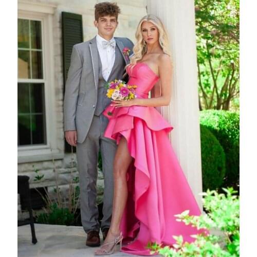 Elegant Long Rose Red High Low Satin Prom Dresses Corset Back Robe De Soiree Floor Length Satin Formal Party Gown for Women