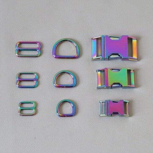 10Sets/Pack Rainbow Metal D Ring Release Buckle Slider Adjuster For Pet Dog Collar Paracord Harness Belt Loop Outdoor Accessory