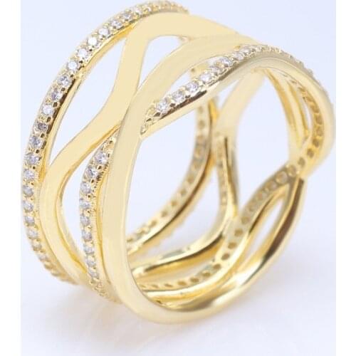 100% 925 Sterling Silver Pan Ring Classic Swirling Lines And Gold Ring For Women Wedding Party Gift Fashion Jewelry