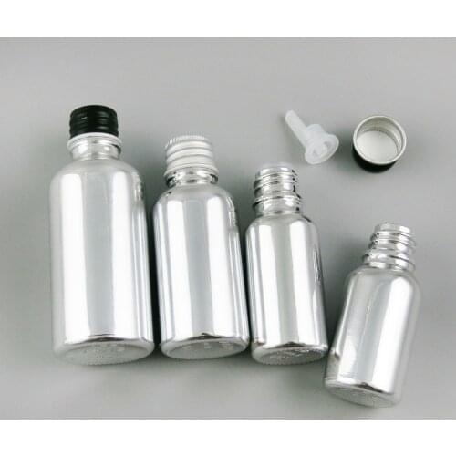 12 x 5ml 10ml 20ml 30ml 50ml 100ml Refillable UV Silver Glass Bottle With Aluminium Lids Pe Insert 1oz Cosmetic Contaienrs