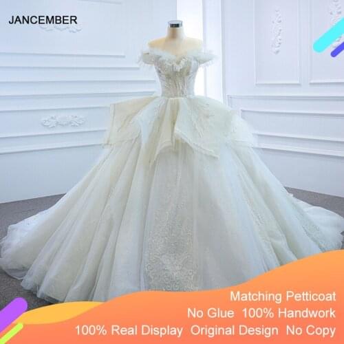 J67185 JANCEMBER White Wedding Dresses 2021 Sweetheart Ruffled Beaded Sequined Short Sleeves Ball Gowns